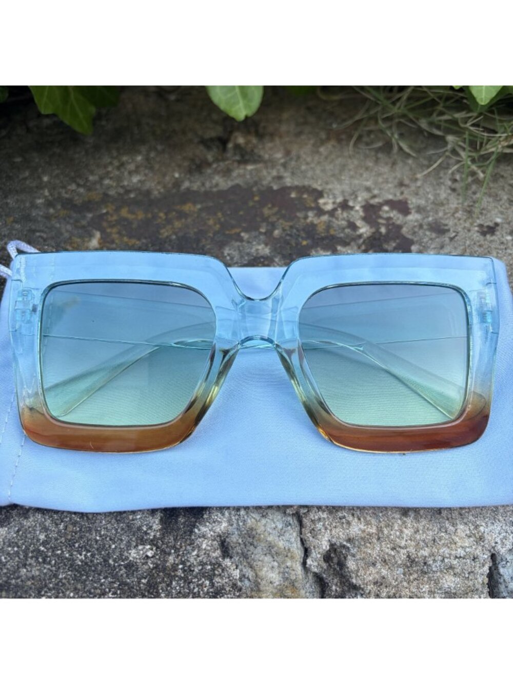 Oversized Square Gradient Sunglasses Blue Amber Ombre Retro Festival Sunnies - Picture 15 of 16